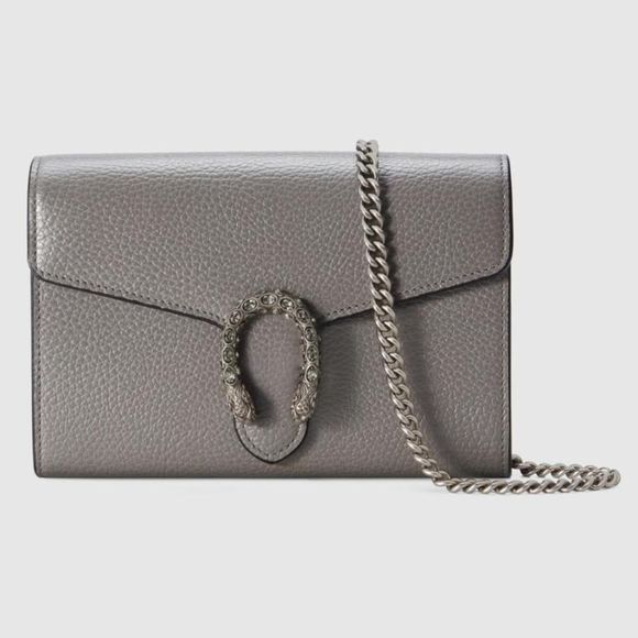 Gucci Chain Wallet Dusty Gray Silver Crystal Tiger Head Leather - Picture 1 of 7